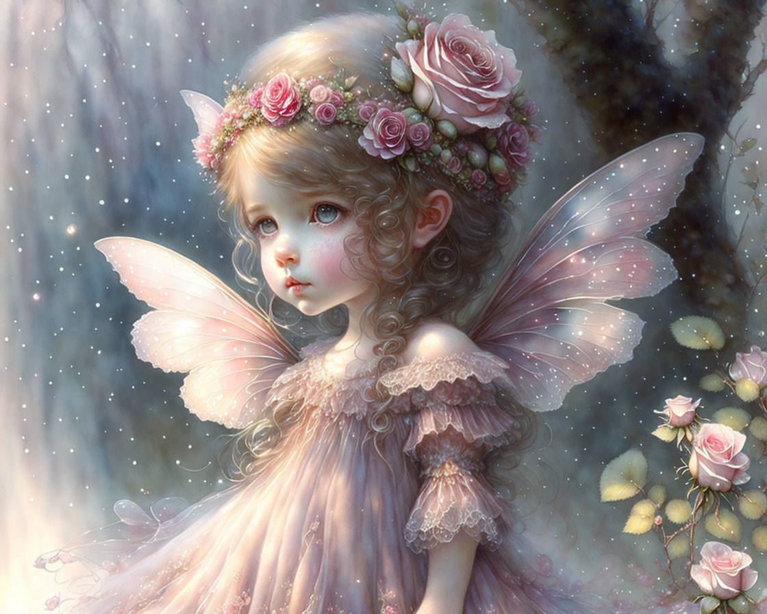 Fairy child digital artwork with translucent wings and rose crown