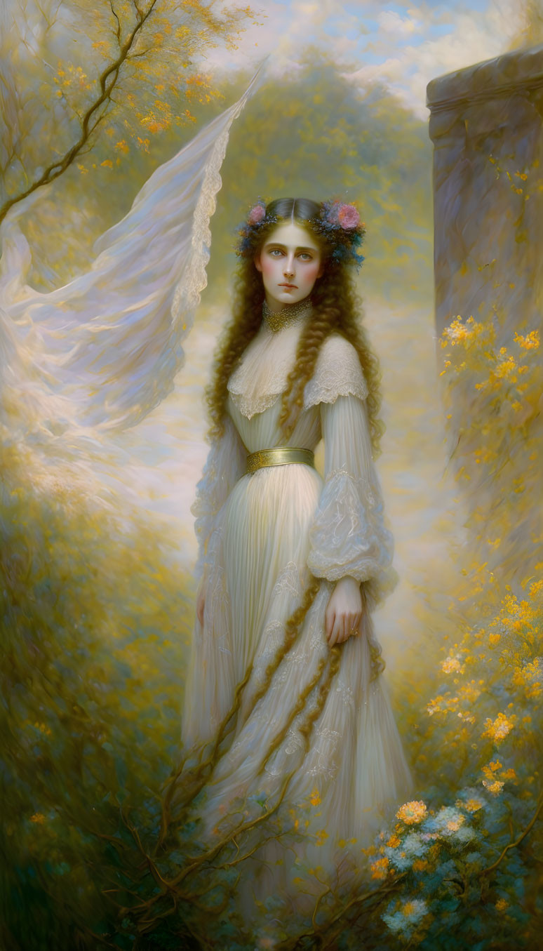 Ethereal woman in white dress among golden trees