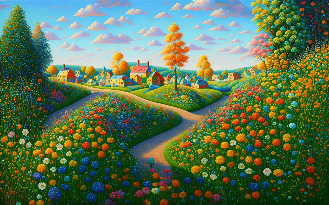 Colorful Whimsical Landscape Painting with Rolling Hills and Quaint Houses