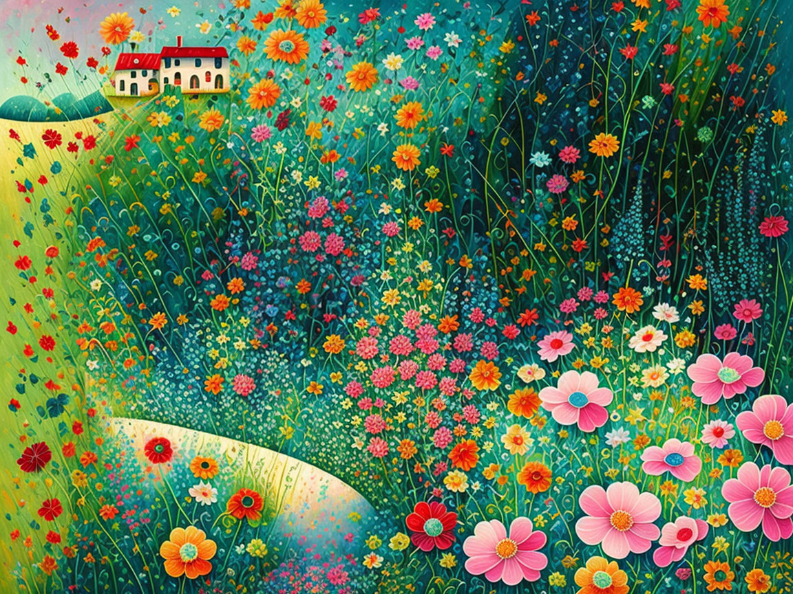 Colorful painting of whimsical flower field with house on hill