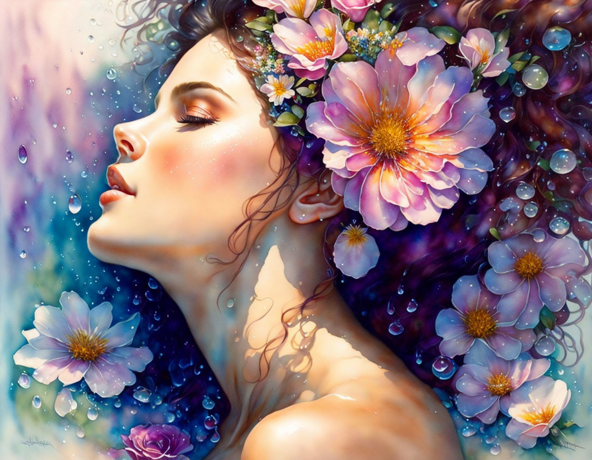 Serene woman with flower-adorned hair in soft light and water droplets