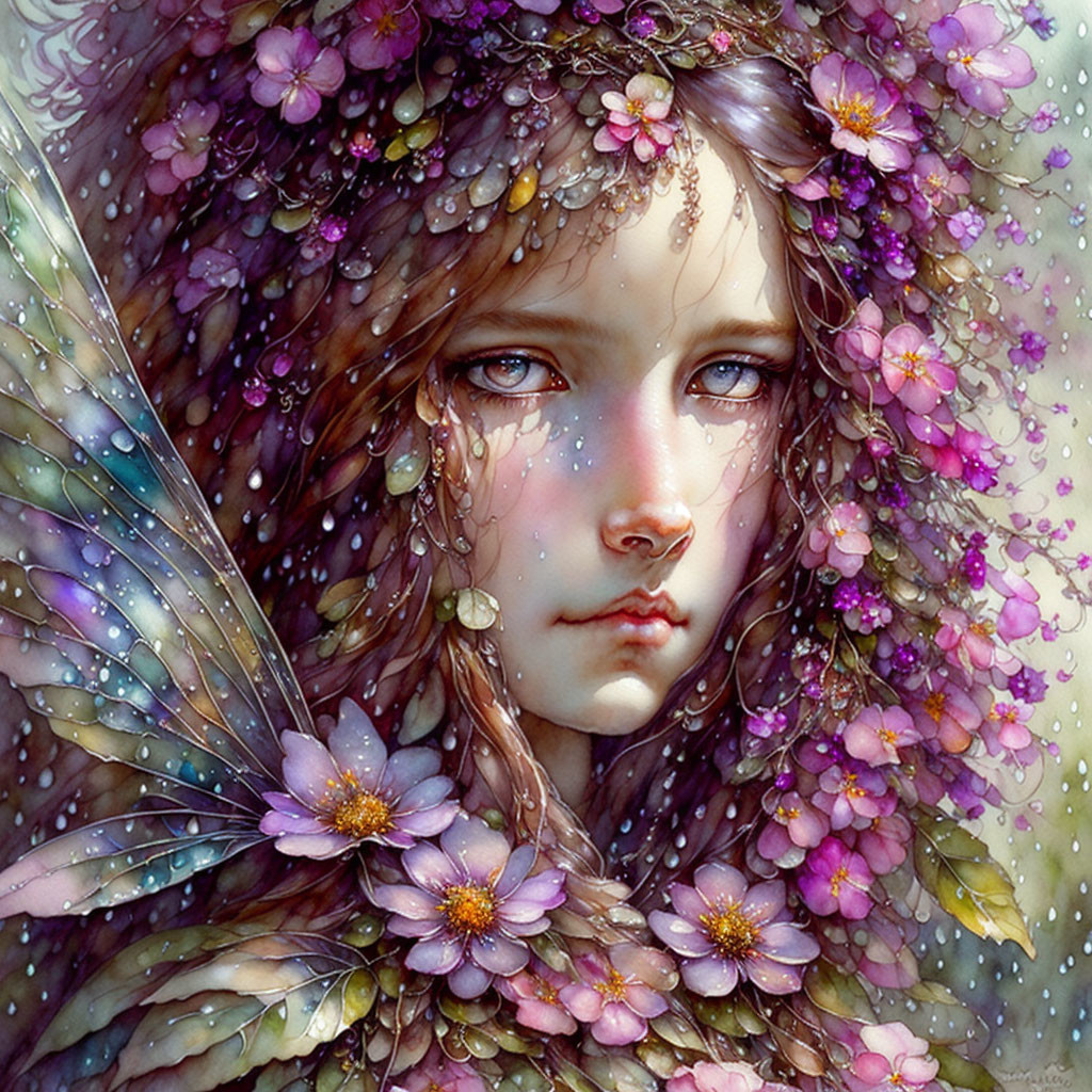 Illustrated fantasy character with butterfly wings and floral headpiece.