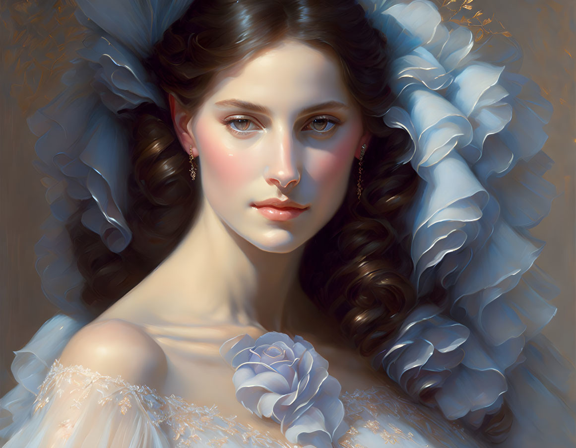 Portrait of woman with curly hair in off-shoulder dress and rose symbolizing classic elegance