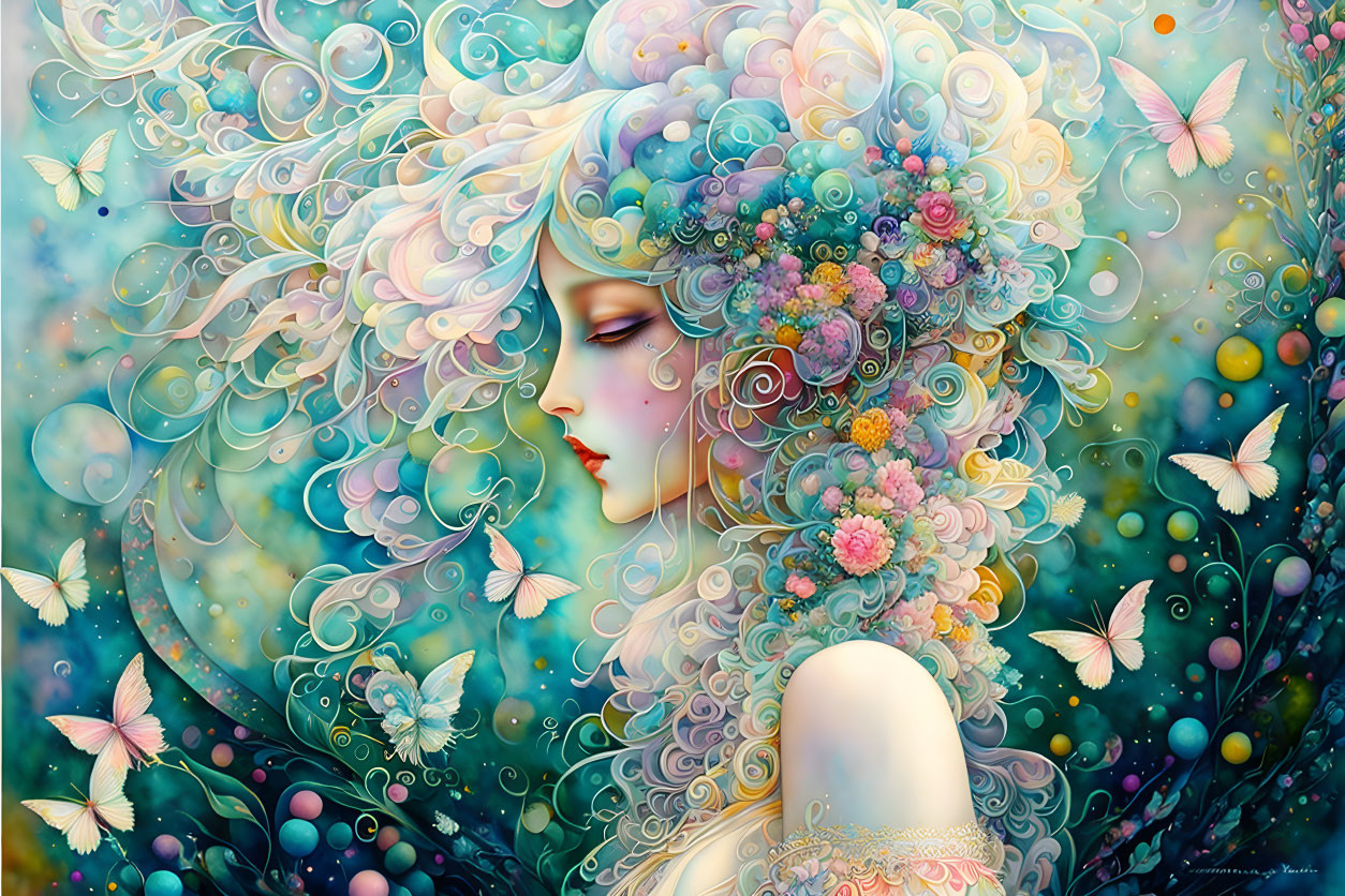 Surreal image: Woman with pastel floral hair and butterflies