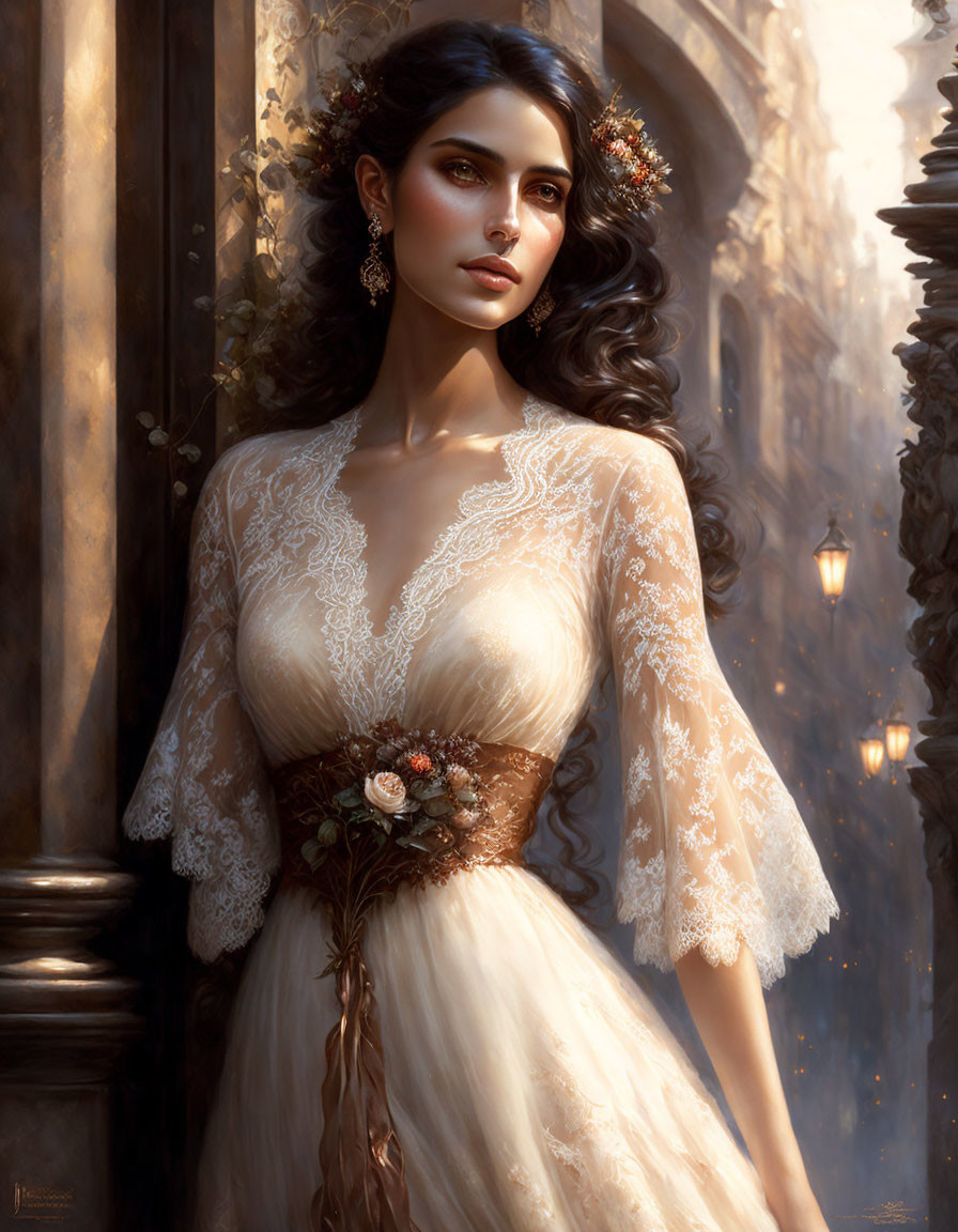 Digital painting of woman in vintage lace wedding dress against romantic street scene