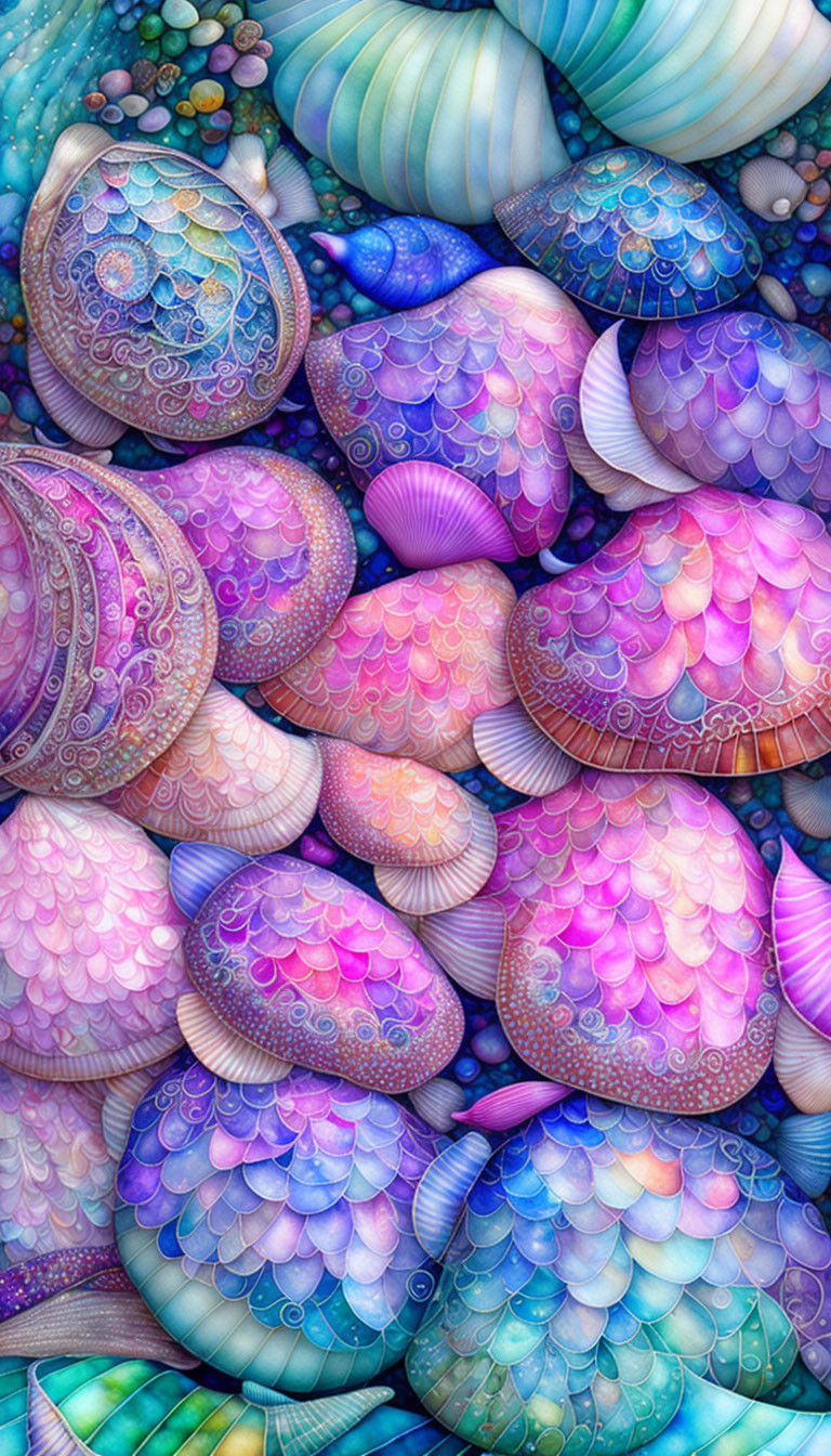 Vibrant Purple, Blue, and Teal Patterned Shells Displayed Vertically