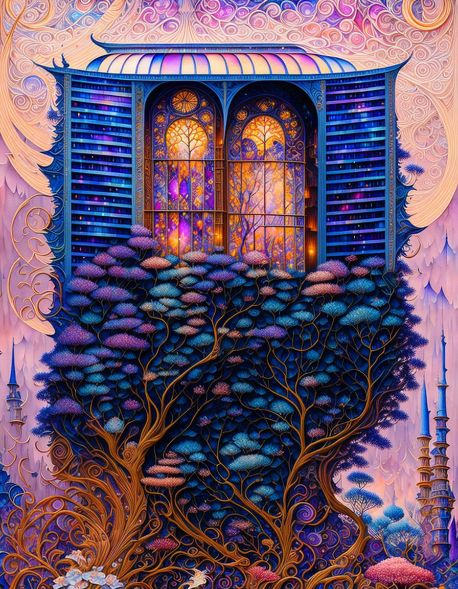 Stained-glass detailed window in fantasy setting with vibrant trees