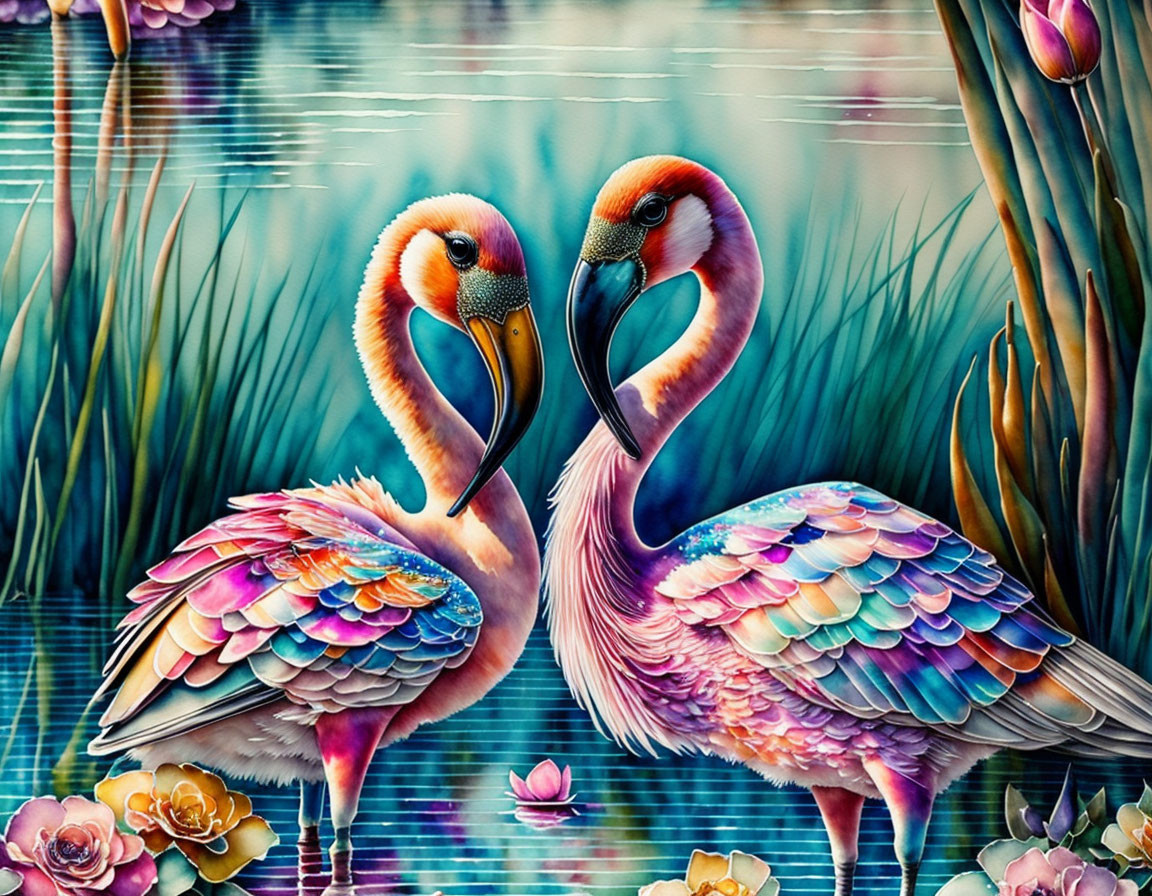 Stylized flamingos with iridescent feathers among colorful flowers on blue background