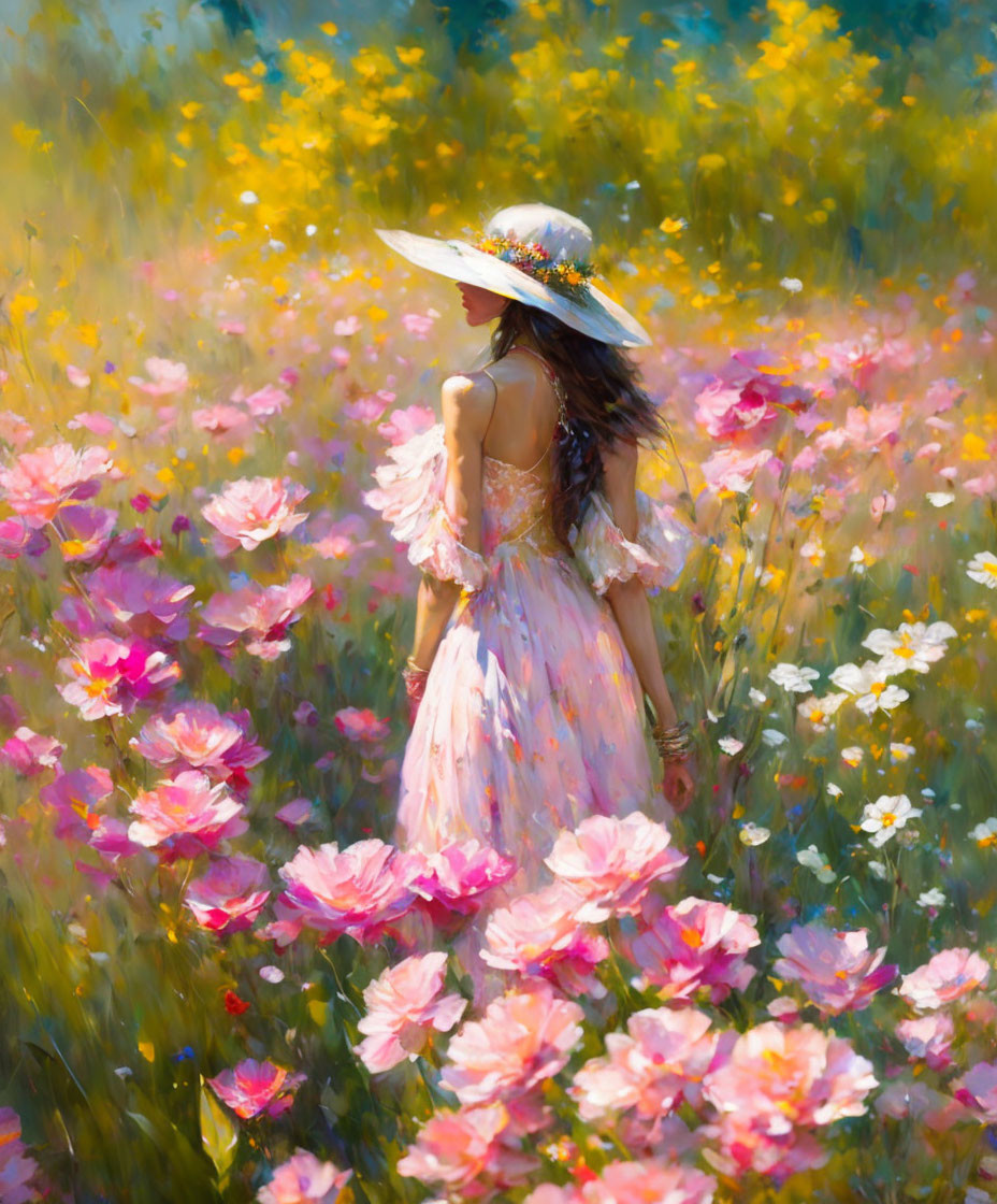 Woman in pastel dress and wide-brimmed hat in pink flower field.