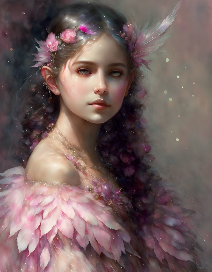 Young female fantasy portrait in pink feathered attire with floral hair adornments