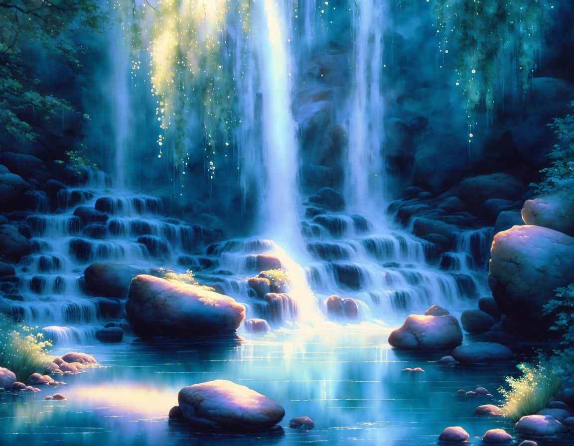 Tranquil waterfall scene with mossy rocks and lush greenery