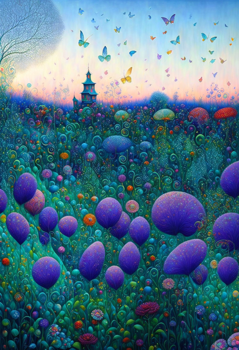 Colorful Mushroom Garden with Butterflies and Pagoda at Twilight