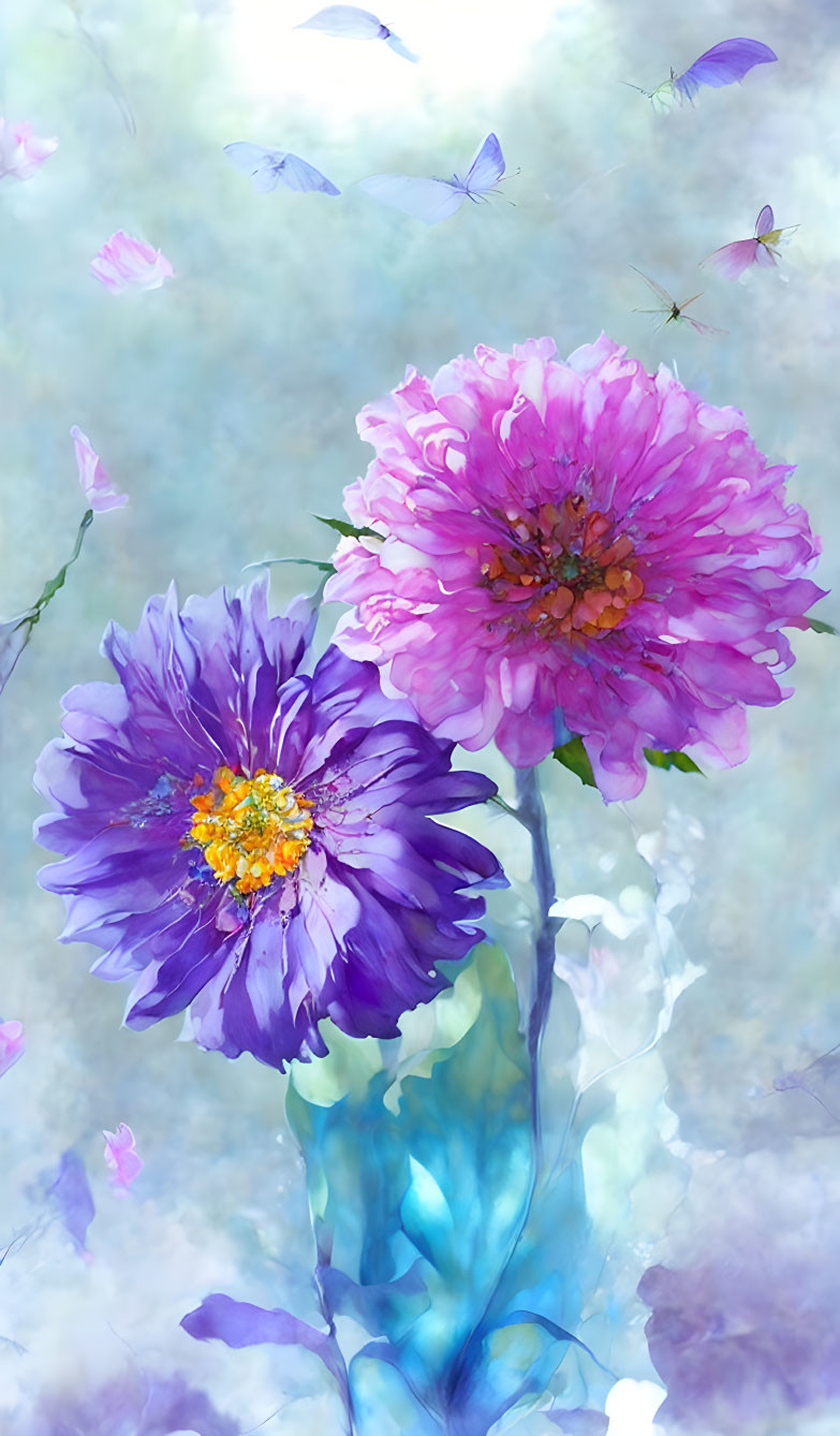 Vibrant purple flowers and fluttering blue butterflies on dreamy pastel backdrop