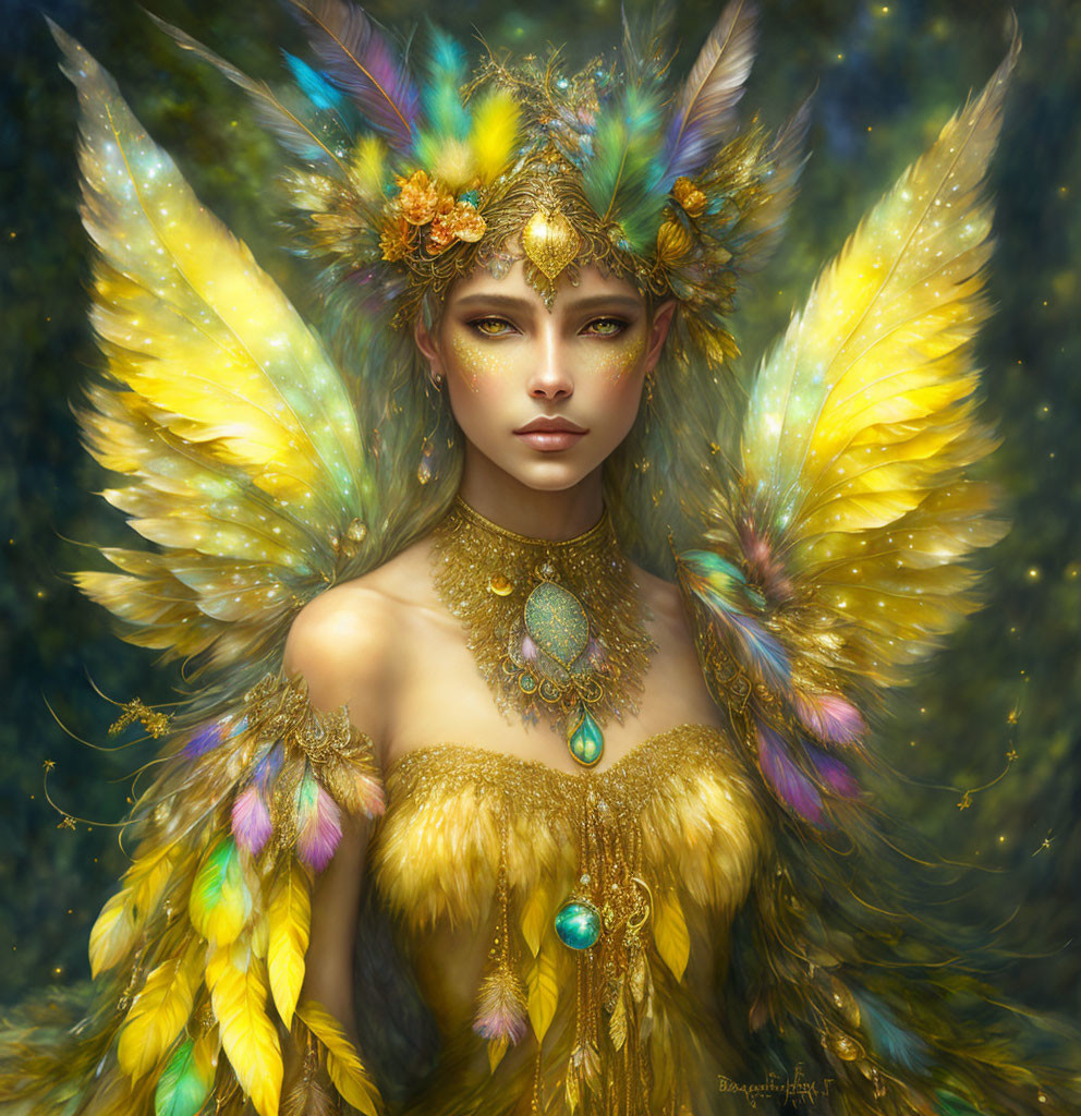 Vibrant feathered wings and elaborate headdress on fantastical female figure