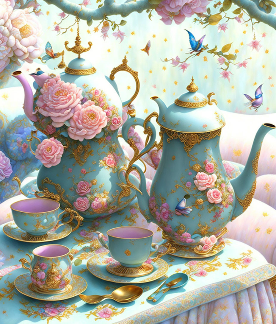 Floral Pattern Tea Set with Gold Accents and Butterflies on Pastel Background