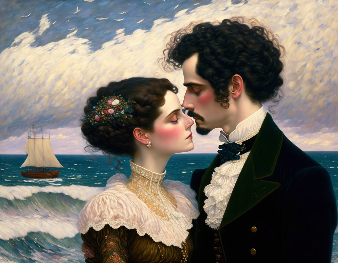 Victorian-era couple painting with man gazing at woman by turbulent sea