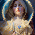 Serene woman in blue veil with golden robe holding blue flower
