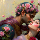 Illustrated South Asian couple surrounded by roses and golden floral backdrop