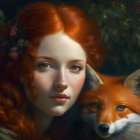 Young woman with long red hair and red fox in lush forest setting