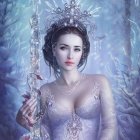 Figure in white feathered gown and crystal crown emerges from snowy forest