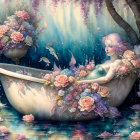 Woman with elfin features in floral bathtub in serene pond