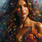 Vibrant floral digital painting of woman with flowing hair