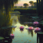 Tranquil pond with blooming water lilies and reflecting trees in misty, sunlit setting