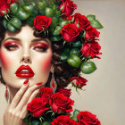 Portrait of Woman with Red Makeup and Rose Adorned Hair