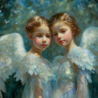 Serene blue setting with angelic children and flower crowns