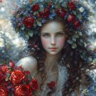 Woman with floral wreath and roses, long wavy hair, mystical forest background