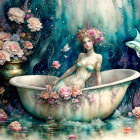 Woman in vintage bathtub with flowers, peacock feathers, and leaping fish.