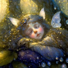 Child with luminous wings and floral crown sleeping peacefully in golden locks with butterfly nearby