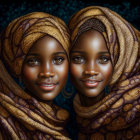 Smiling young women in ornate headscarves and hoop earrings on starry backdrop