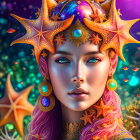 Illustration: Woman adorned with ocean-themed accessories in vibrant underwater colors