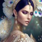 Fantastical portrait of woman in ornate feathered attire with blue eyes and face jewelry