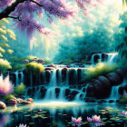 Tranquil waterfall surrounded by lush foliage and cherry blossoms