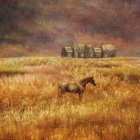 Impressionist painting of golden wheat field and rolling hills