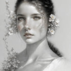 Young woman portrait with floral hair, soft features, and serene expression