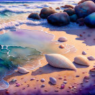 Vibrant painting of seabed with scallop shells, boulders, and waves