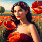 Floral-adorned woman merges with vibrant orange and red flowers