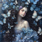 Woman with Curly Hair, Flowers, and Butterflies in Dreamlike Painting