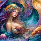 Colorful Mystical Mermaid Illustration with Oceanic Ornaments