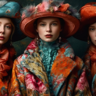 Three women in floral hats and scarves with rich autumnal colors and detailed brushwork.