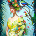 Colorful artwork of woman with floral and bird motifs in tropical setting