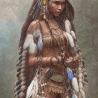 Woman in tribal headdress with celestial background.