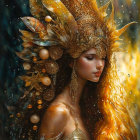 Woman with Sea-Themed Crown, Blue Mask, and Golden Hair