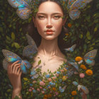 Detailed illustration of mystical fairy with translucent wings, surrounded by leaves, pinecones, intense blue eyes