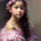 Young female fantasy portrait in pink feathered attire with floral hair adornments