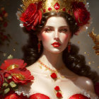 Regal woman portrait with golden crown, red dress, and rose accents