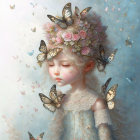 Illustration of girl with flowers and butterflies on pastel background